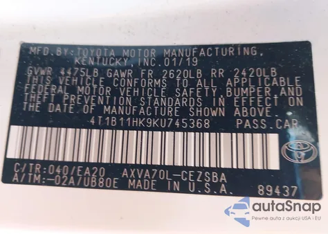 2019 Toyota Camry Se from USA, damaged, VIN 4T1B11HK9KU745368